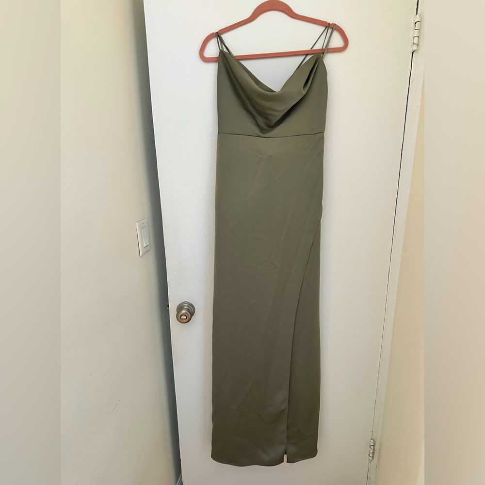 BHLDN cows neck moss full length bridesmaid dress
